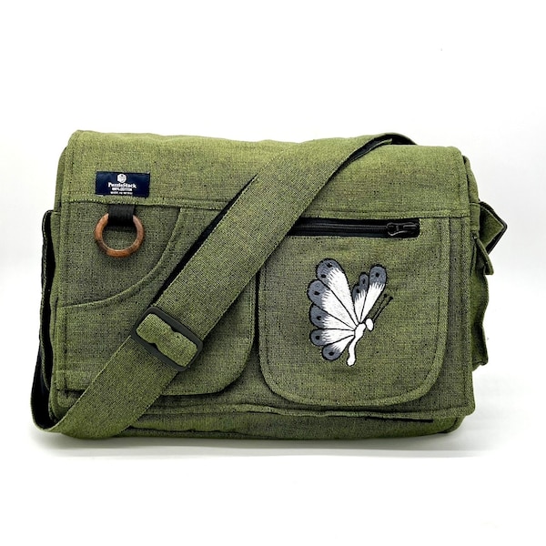 Messenger Laptop Bag, Handmade Cotton Crossbody, Butterfly Embroidery, Unisex Design,Thoughtful Gift, Washable Bag, Shoulder Bag, Travel Bag