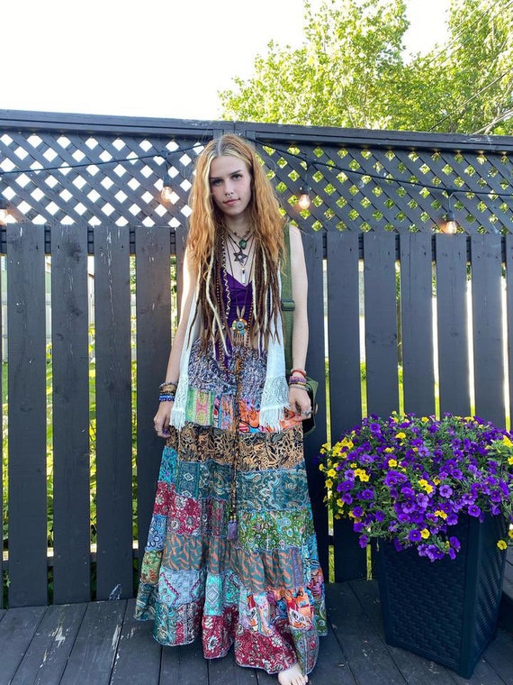 boho patchwork dresses Bohemian Dress/ Long Maxi Hippie Skirt/ Smocked Ruched Dress Skirt/gipsy Vintage Style/patchwork Dress/fairycottage Core/festival OccasionWearEdit Women Halter Neck Long Select Pant Waist Size:33W Style it well with