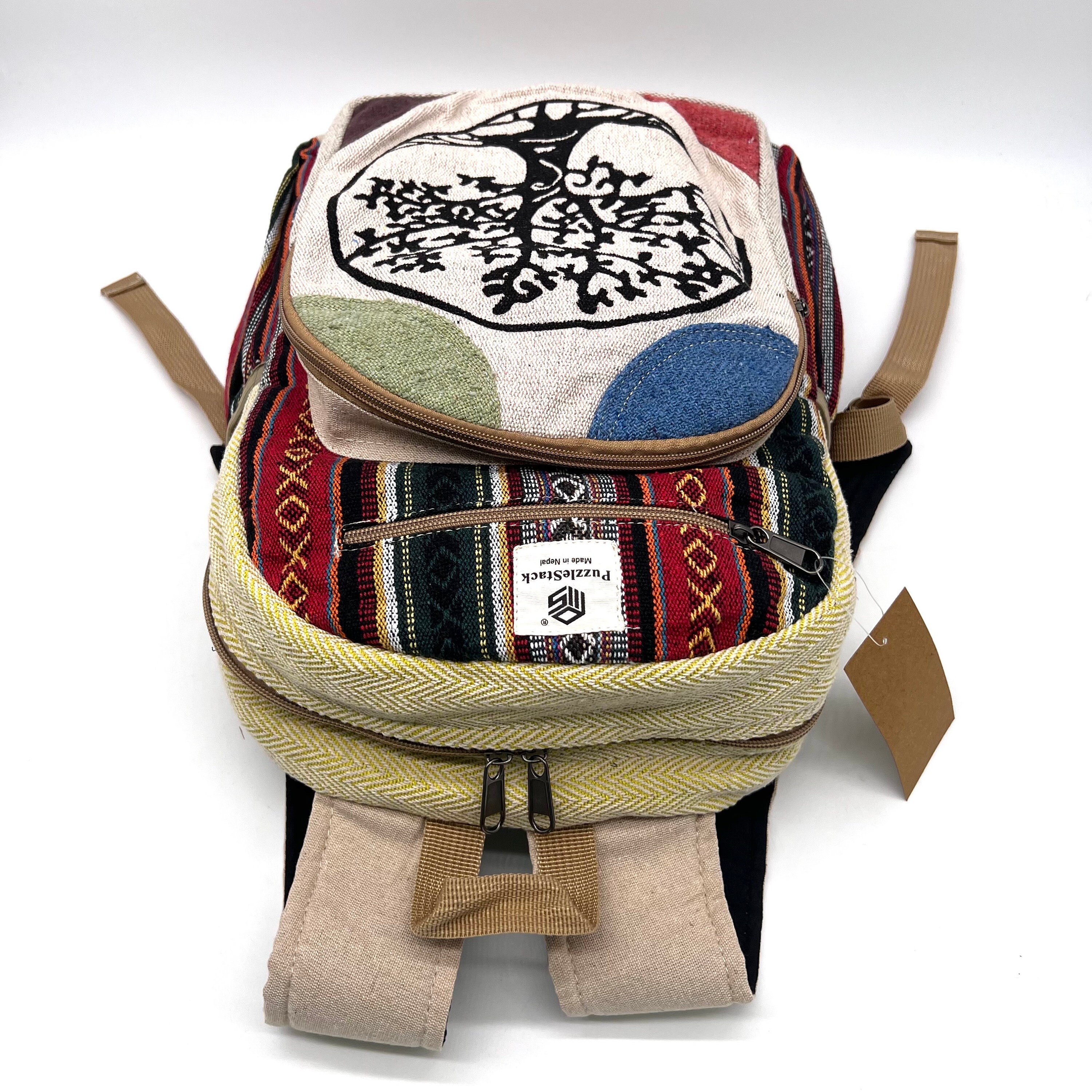 KayJayStyles Tree Of Life Hemp Backpack - Handmade Bohemian Daypack For Hiking & Travel, Natural Cotton Lining, 10x13x4 Inches