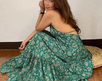 green emerald velvet dress vintage 70s India cotton strapless dress – 86 Vintage main image 1