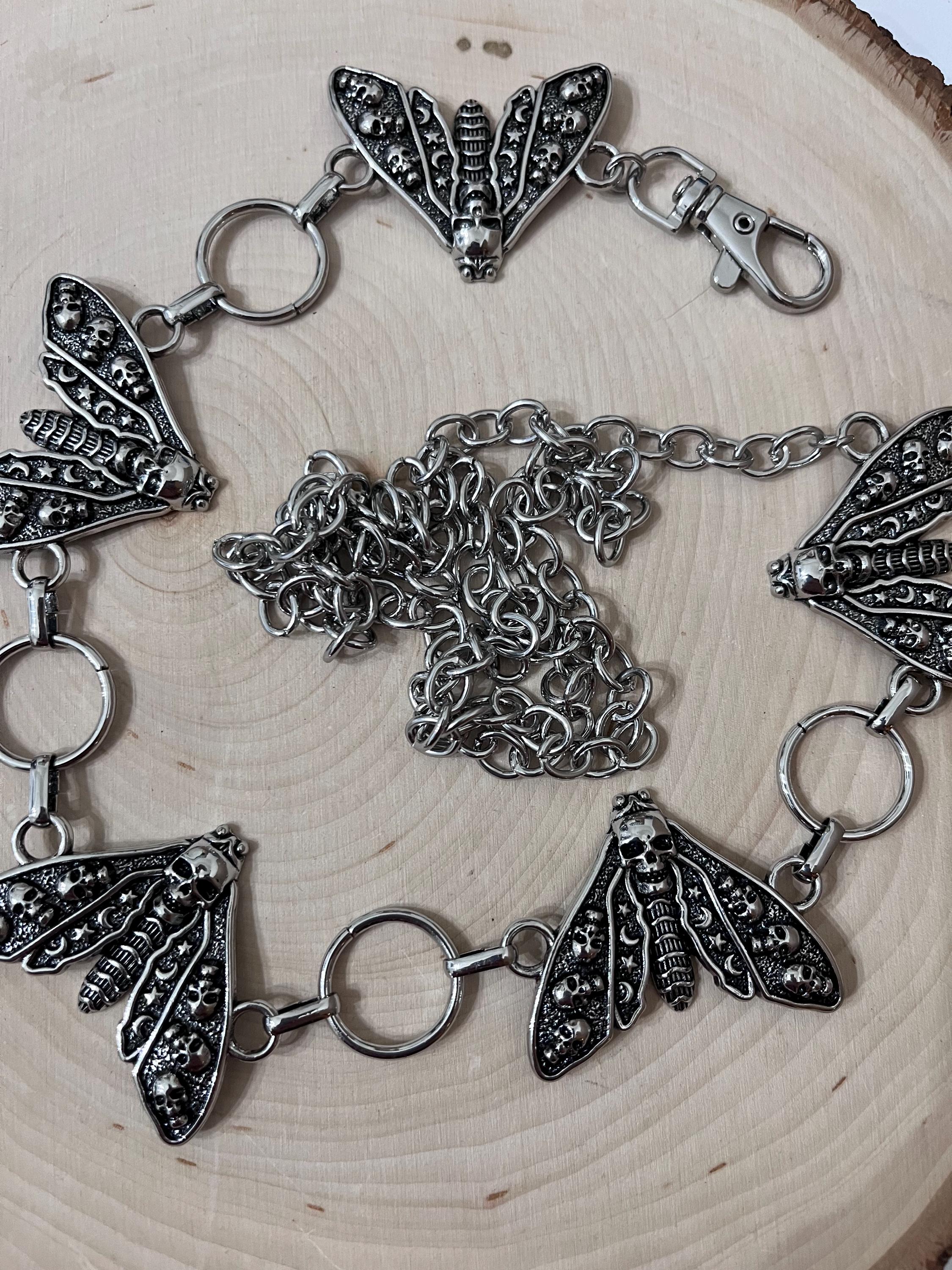 Dead Head Moth Metal Belt, Costume Jewelry, Bug Waist Chain Belt, Creepy Goth Punk Retro Unisex, Whimsigoth Moth Belt, Halloween Accessory