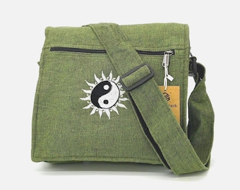 Green Messenger Bag with Embroidery/ Handmade Bag/ Cotton bag/ Washable Bag/ Travel Bag/ Shoulder Bag/ Unisex Bag/ Large Pocket/ Everydaybag