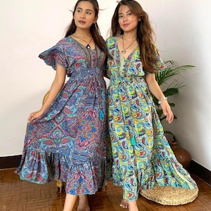Paisley Floral Print Vintage Vibe Summer Dress, Cottage Core Festival Midi Dress, Short Bell Sleeve Flowy Dress,Gift for Her, Smocked Waist