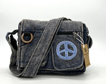 Peace Sign Embroidered Crossbody Bag, Stone-Washed Cotton Messenger