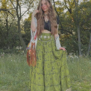 Akasiya Maxi Skirt,Sun Moon Celestial Print Tiered Skirt, Fairy Core Flowy Skirt with Pockets,Boho Hippie Summer Skirt, Ethical Gift for Her