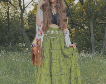 Akasiya Maxi Skirt,sun Moon Celestial Print Tiered Skirt, Fairy