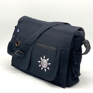 Black Cotton Messenger Laptop Crossbody Bag, Shoulder Travel bag, Unisex Messenger Laptop Bag ,Washable,Vegan, Organic, Boho Hippie, Swirl