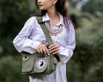 Messenger Crossbody Bag with Yin Yang Embroidery/ Handmade Bag/ Crossbody/ Cotton Bag/ Vegan/ Organic/ Travel / Work / Casual/ Gift/Unisex