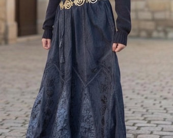 Falda larga negra bordada, borde plisado bohemio, estilo cottage core