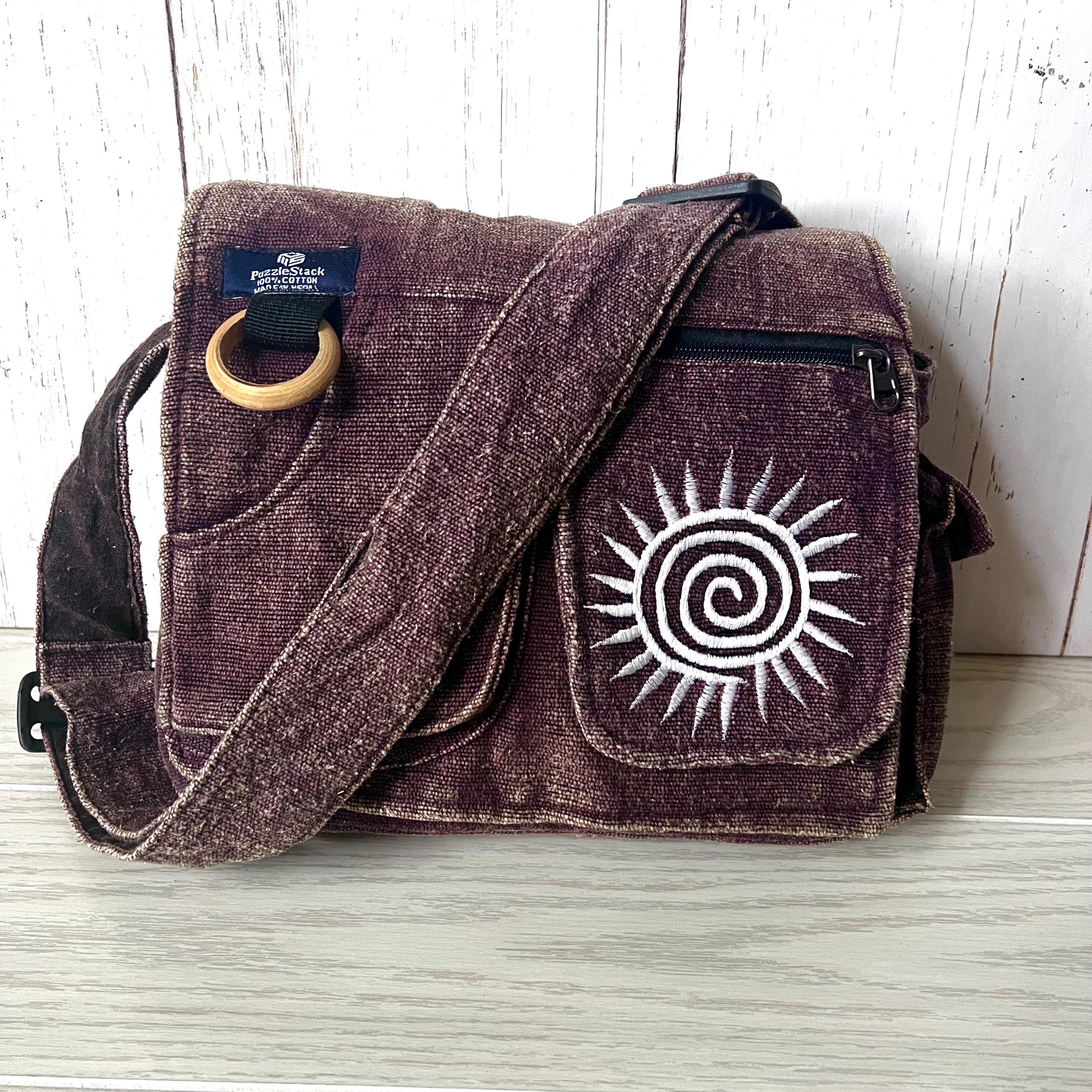 Messenger Crossbody Bag With Sun Swirl Embroidery, Handmade