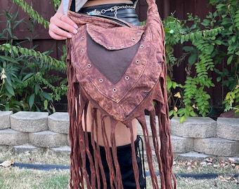 Stonewashed Triangular Cotton Crossbody Bag with Fringe Brown , Boho Hippie Vintage Vibe Festival Bag, Rustic Handmade Bag with Long Fringe