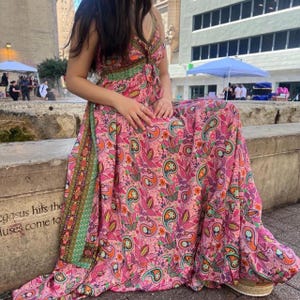 Boho Silk Maxi Dress, Flowy Paisley Print Vintage Vibe dress, Long Dress for Summer, Evening Maxi Dress, Fairy Core Floral Dress,sleeveless