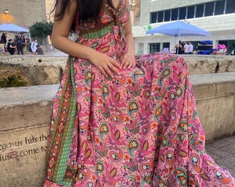 Boho Silk Maxi Dress, Flowy Paisley Print Vintage Vibe dress, Long Dress for Summer, Evening Maxi Dress, Fairy Core Floral Dress,sleeveless