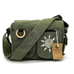 Sac bandoulière messager avec broderie soleil tourbillonnant, Sac bandoulière en tissu de coton fait main, Cadeau fait main décontracté unisexe, Cadeaux universitaires uniques,