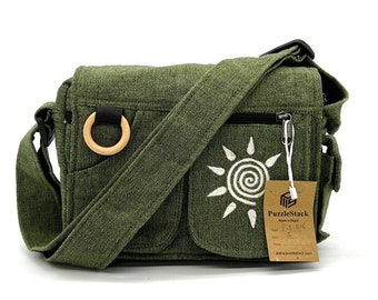 Messenger Crossbody Bag with Swirl Sun Embroidery, Handmade Cotton Fabric Crossbody Bag, Unisex Casual Handmade Gift, Unique College Gifts,