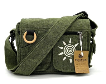 Bolso bandolera Messenger con bordado de sol remolino/ Bolso hecho a mano/ Bandolera/ Bolsa de algodón/ Vegano/ Orgánico/ Viajes / Trabajo / Casual/ Regalo/Unisex