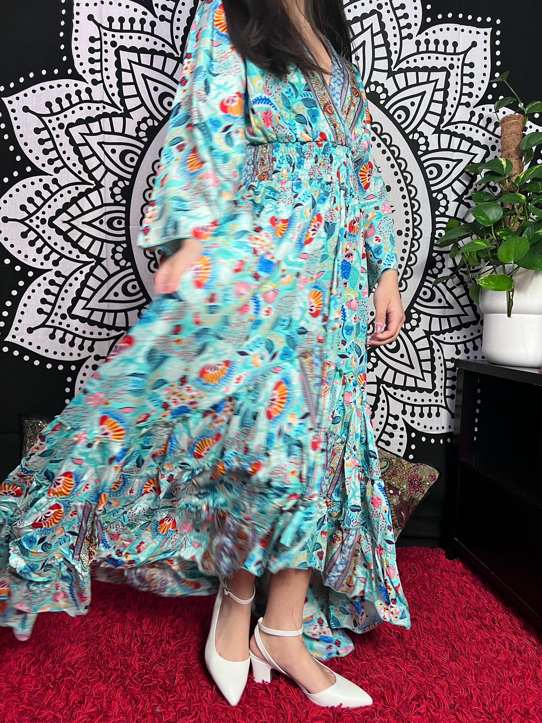 Bohemian Dress, Boho Hippie Maxi Dress, Cottage Core 70s Style Floral Ruffle Dress,Aesthetic Flowy Long Asymmetrical Paisley Floral Print