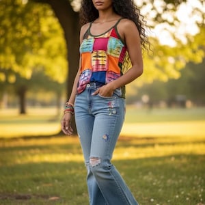 May include: A sleeveless tank top featuring a patchwork design of red, pink, orange, and blue tie-dye squares with thin straps, paired with light blue denim jeans that have floral embroidery, distressed knee detailing, and a frayed hemline.
