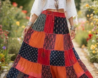 Patchwork-Maxirock, handgefertigter Boho-Rock, farbenfroher Hippie-Rock, Festival-Kleidung, verstellbarer Gummibund, traditionelles Muster