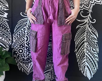 Pantalones cargo de algodón lavado a la piedra, pantalones de festival hippies bohemios hechos a mano, estilo grunge unisex, pantalones cómodos para estar en casa, pantalones de algodón, regalo