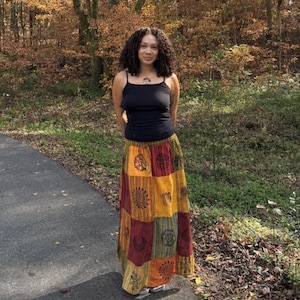 Falda midi de algodón patchwork con estampado de bloques, estilo bohemio hecho a mano, colorida, estilo hippie festivalero, moda vintage cottagecore, estampado de bloques imagen 3