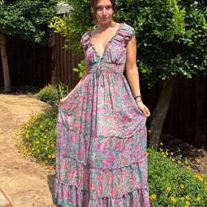 Boho Silk Long Maxi Dress, Flowy Paisley Print Vintage Vibe dress, Long Dress for Summer, Evening Maxi Dress, Fairy Core Tiered Floral Dress
