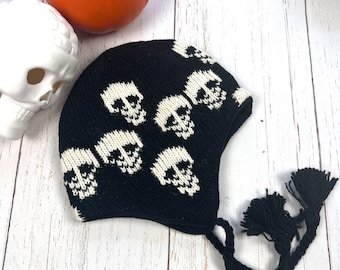 Casquette crâne noire, bonnet crâne tricoté à la main, chapeau d’hiver, bonnet grunge, chapeau d’Halloween, mode goth, mode punk cadeau unique, chapeau crâne chaud