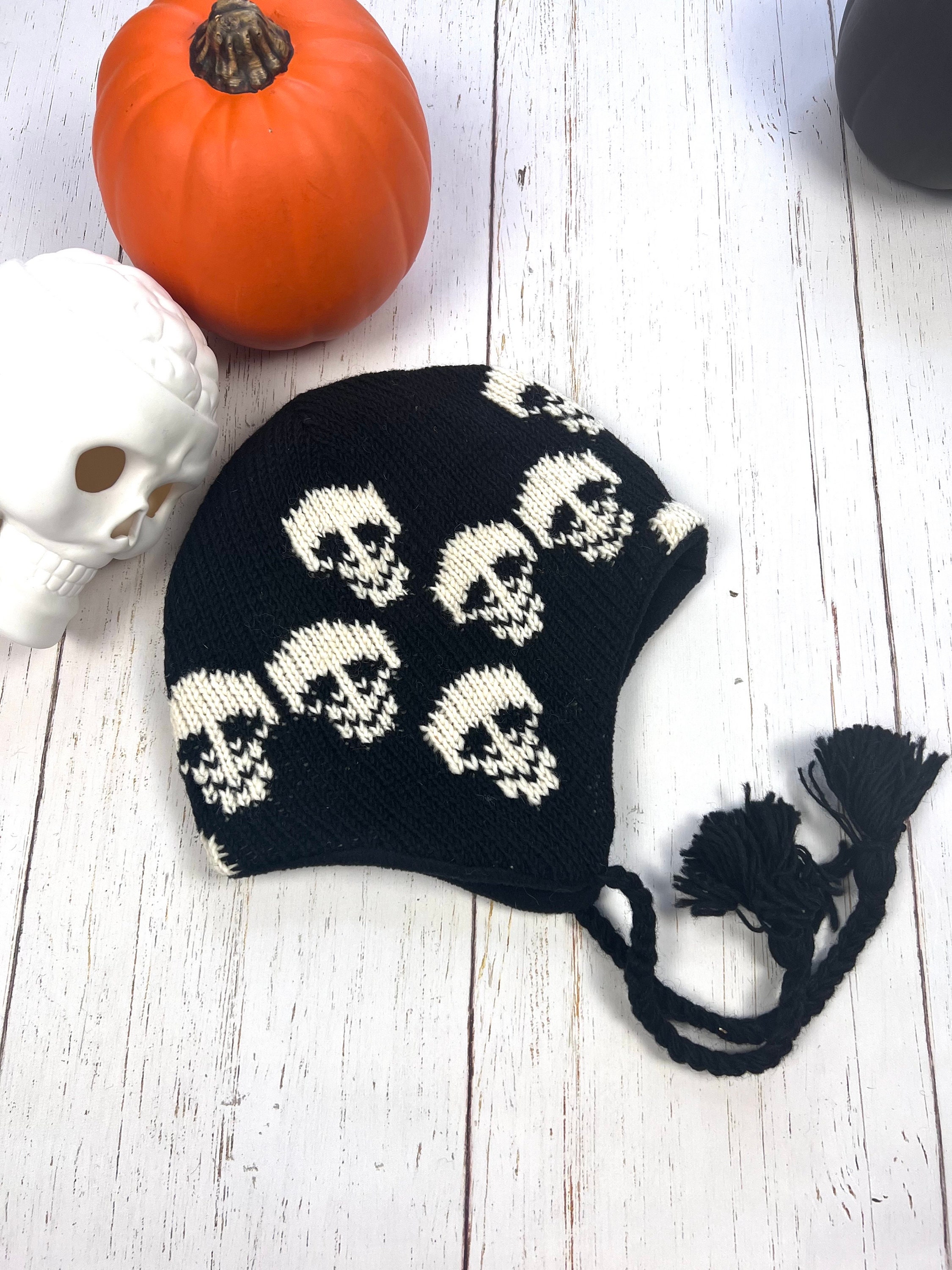Black Skull Cap, Hand Knitted Skull Beanie, Winter Hat