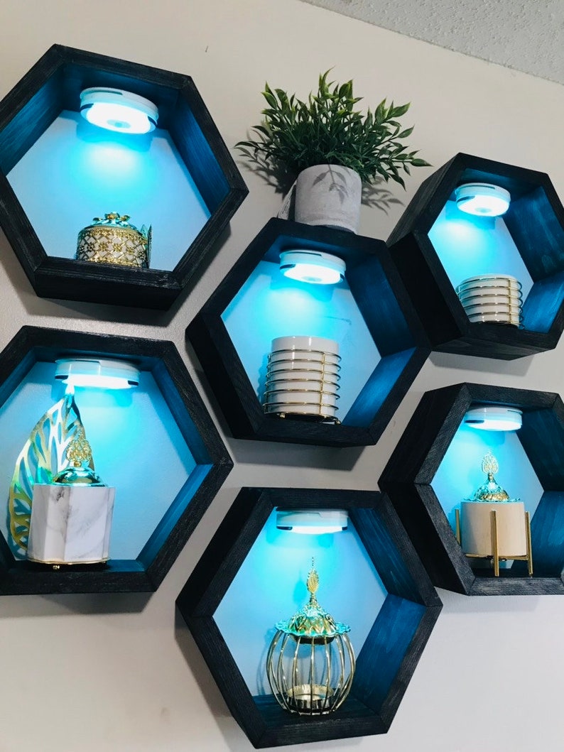 Black Hexagon Shelves With Multi Colour Spot Lights Colored Etsy