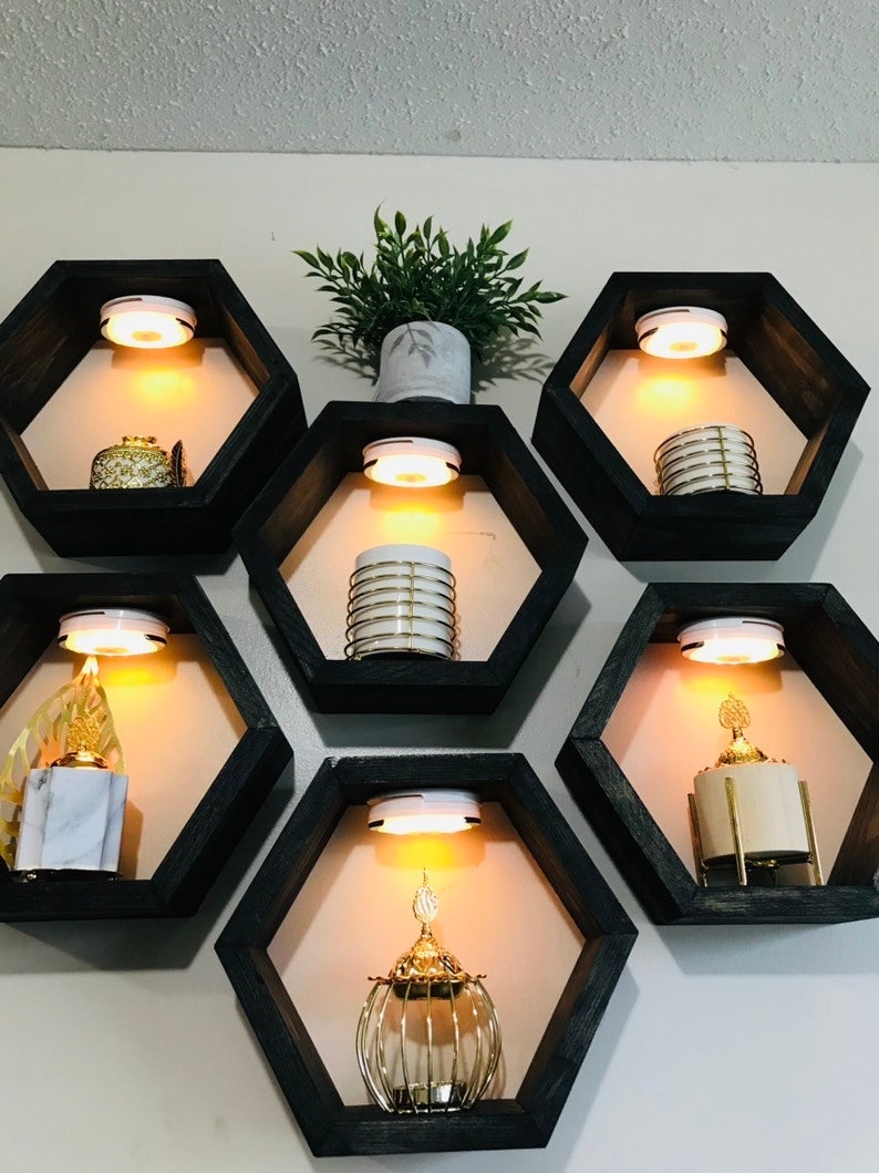 Black Hexagon Shelves With Multi Colour Spot Lights, Colored Theme Hexagon Shelf, Floating Shelf