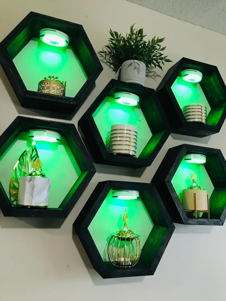 Black Hexagon Shelves With Multi Colour Spot Lights Colored Etsy