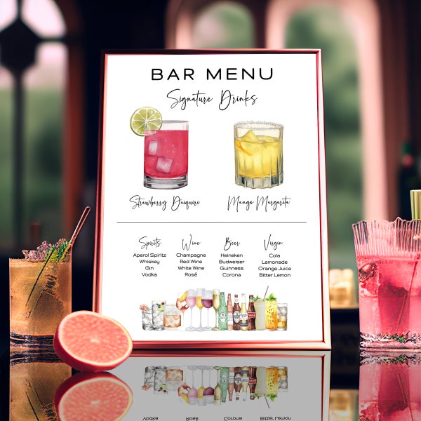 bewerkbare sjabloon, kenmerkende drankbordsjabloon, barmenusjabloon, kenmerkend cocktailbord, minimalistisch trouwbarmenubord, bundel 2000+