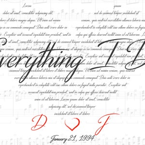 Fully Customizable DIGITAL FILE - Heart Shaped Song Lyrics with Names, Date and Background Sheet Music