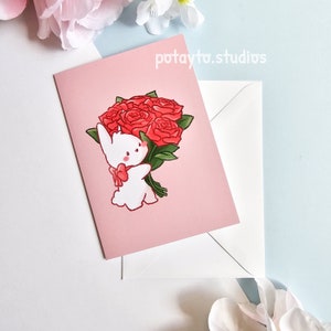 Biglietto coniglietto bouquet di rose / Biglietto carino / Biglietto d'auguri / Regalo / Biglietto fatto a mano / San Valentino / Anniversario / Biglietto per Lui / Biglietto per Lei