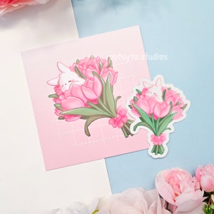 Coniglio Tulipano / Adesivo in vinile carino e set di stampe artistiche / Arte da parete/scrivania / Cartolina opaca / Adesivo fustellato resistente all'acqua/UV