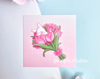 Impresión de conejito de ramo de tulipán / Impresión de arte lindo / Impresión de arte Kawaii / Arte de pared lindo / Impresión de arte de pared / Decoración de pared y escritorio / Postal mate