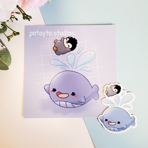 Carino set di adesivi in vinile e stampa artistica / balena e pinguino / arte da parete/scrivania / cartolina opaca / adesivo fustellato resistente all'acqua/UV