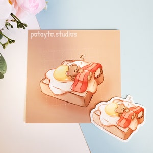 Ours sur une tartine aux œufs et au bacon | Joli ensemble d'autocollants en vinyle et d'impressions d'art | Art mural/de bureau | postale mate | Sticker découpé résistant à l'eau et aux UV