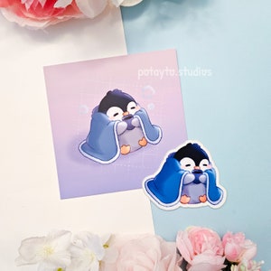 Pinguino coperta accogliente / Adesivo in vinile carino e set di stampe artistiche / Arte da parete/scrivania / Cartolina opaca / Adesivo fustellato resistente all'acqua/UV