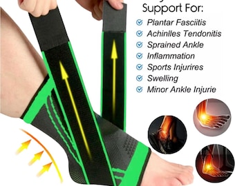 Pode incluir: Tornozelo de suporte preto e verde com tiras ajustáveis. O tornozelo é projetado para fornecer suporte para fascite plantar, tendinite de Aquiles, entorse de tornozelo, inflamação, lesões esportivas, inchaço e lesões menores no tornozelo.  Suporte direcionado para: Fascite plantar, Tendinite de Aquiles, Entorse de tornozelo, Inflamação, Lesões esportivas, Inchaço, Lesão menor no tornozelo