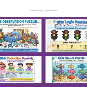 Peut inclure: Une feuille d'activités éducatives en quatre parties pour enfants comprenant un puzzle d'observation avec une chambre, un puzzle de logique avec des feux de signalisation, un puzzle de déduction avec quatre enfants et un puzzle visuel avec des poissons.