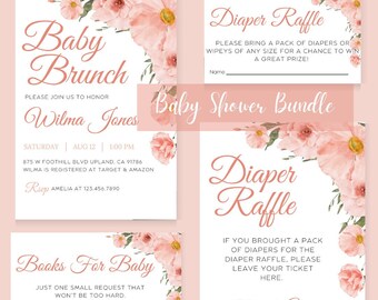 Rosa Blumen Baby Brunch Einladungspaket | Mädchen Babyparty Einladung - Blumen Windel Tombola - Bücher für Baby Vorlage | Baby Streusel