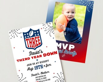 Faire-part d'anniversaire troisième année - Football troisième anniversaire | Modèle d'invitation pour le troisième anniversaire de la NFL, 5 x 7 1080 x 1920 à imprimer et à télécharger