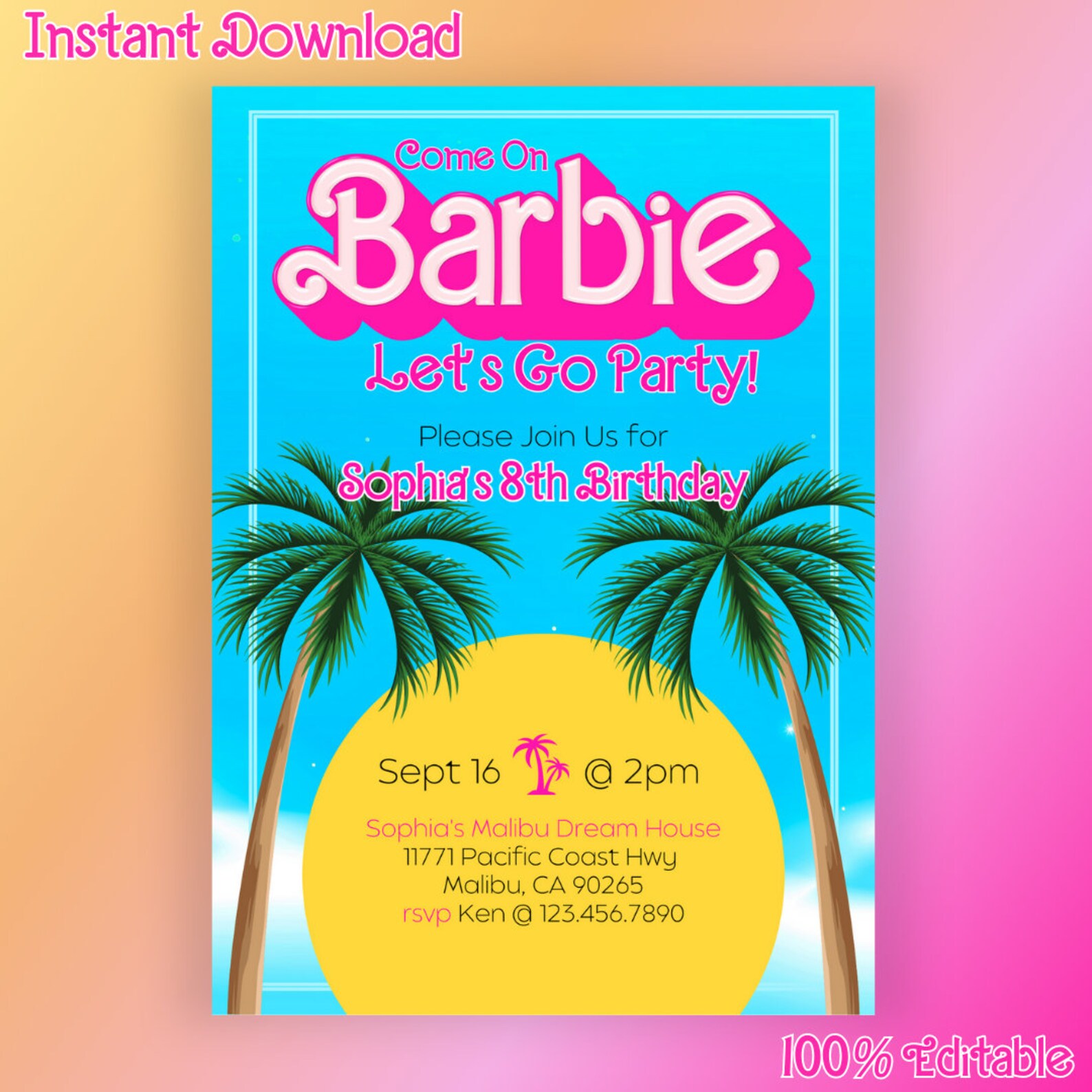 Barbie Birthday Invitation Barbie Invitation Barbie Pool Etsy
