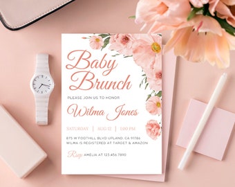 Rosa Blumen Baby Brunch Einladung | Mädchen-Babyparty-Einladung - Blumen-Babyparty-Vorlage | Baby Sprinkle - Druckbarer digitaler Download