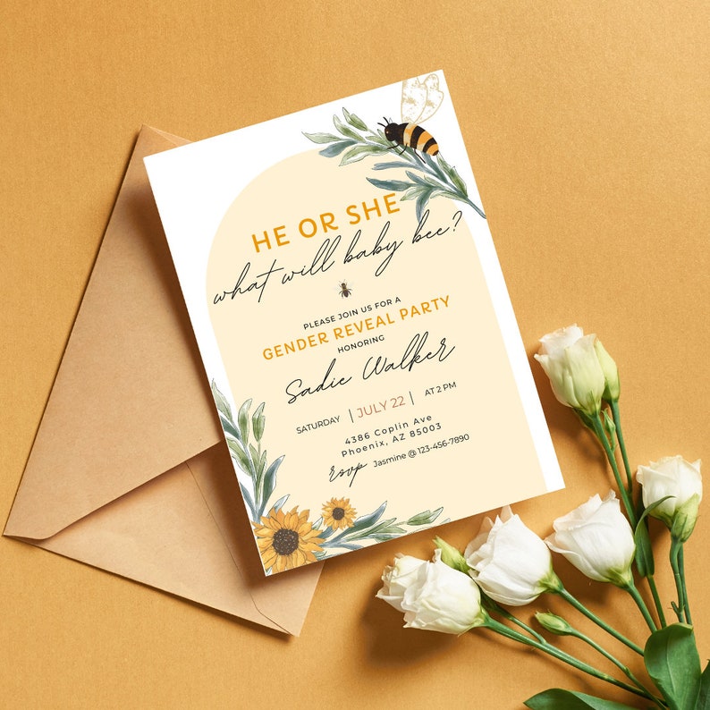 Bee Gender Reveal Invitation | He or She - What Will Baby Be? | Gender ...