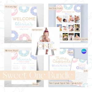 Sweet One Birthday Bundle | Donut 1st Birthday - Pastel Sweets | Donut Welcome Sign - One Birthday Banner - Time Capsule | Milestone Board