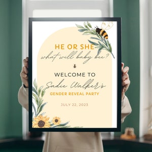 Signo de bienvenida de revelación de género de abeja / Él o ella: ¿qué será el bebé? / Signos de revelación de género - Plantilla imprimible de abejorro / Descarga digital