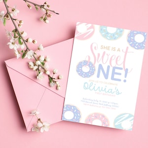 Sweet One Birthday Invitation | Donut 1st Birthday - Pastel Sweets Invite | Editable Printable Download - 5x7 Printable Invitation 1080x1920