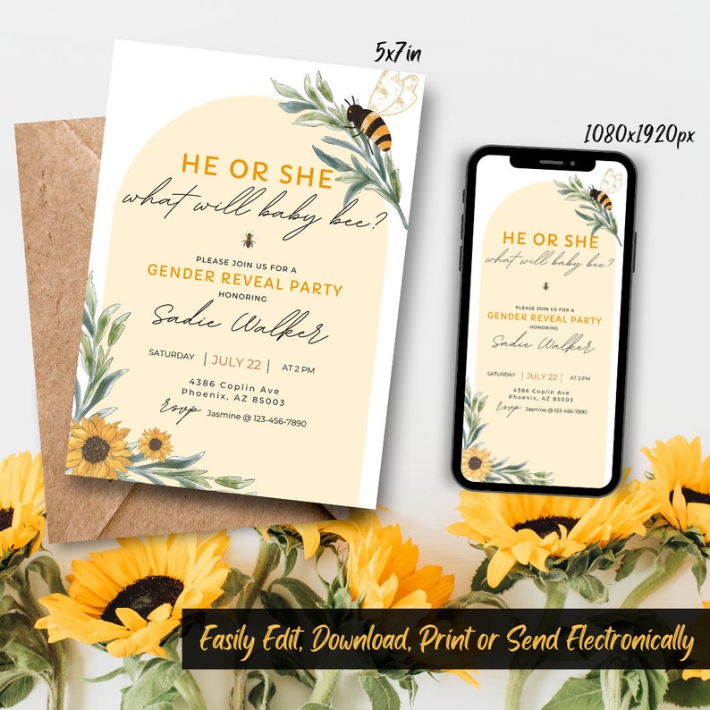 Bee Gender Reveal Invitation | He or She - What Will Baby Be? | Gender ...